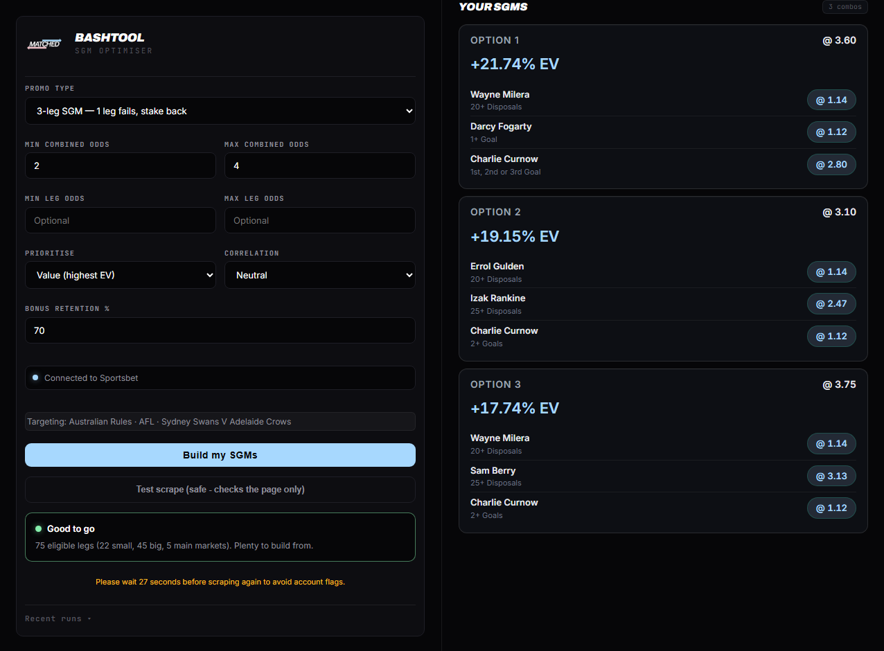 BashTool building three optimised SGMs from a live AFL match